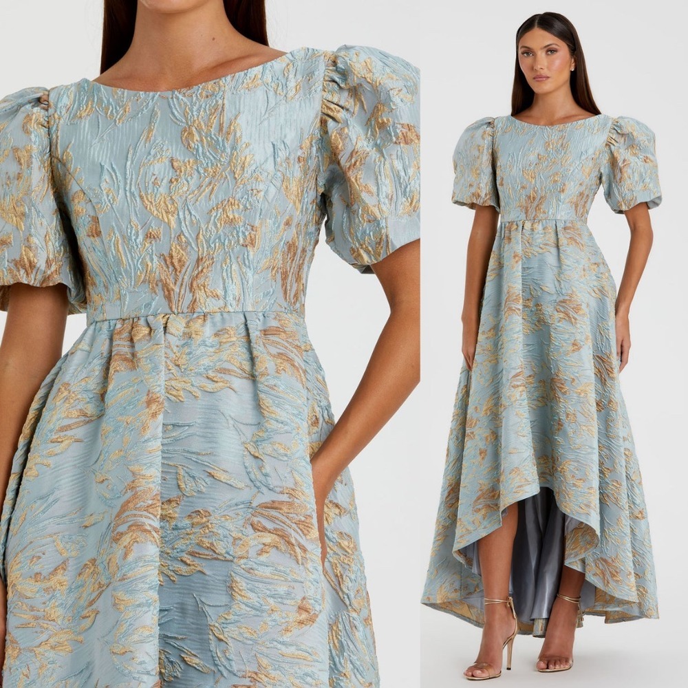 Mac Duggal NEW Brocade‎ Puff Sleeve High Low Gown in Platinum Gold $798 - Size 6